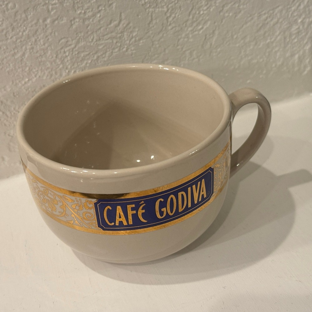 2004 Cafe Godiva Cup Mug Ceramic Cream‎ Gold Tone & Blue Logo Vintage
